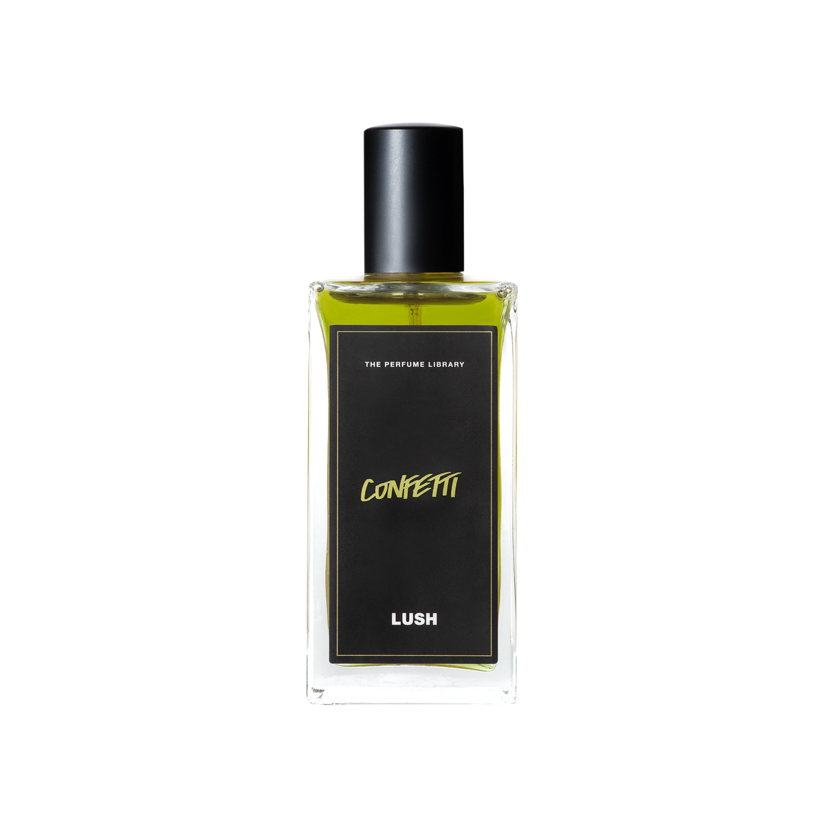 A glass perfume bottle filled with lime green liquid. A black label reads 'The Perfume Library' and 'Confetti'.