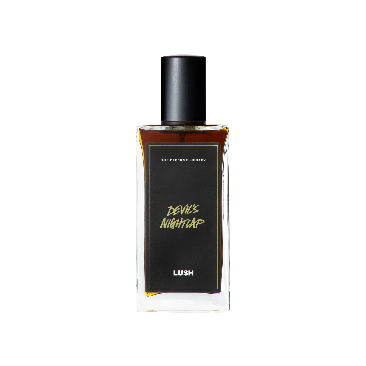 A glass perfume bottle filled with dark mahogany liquid. A black label reads 'The Perfume Library' and 'Devil's Nightcap'.